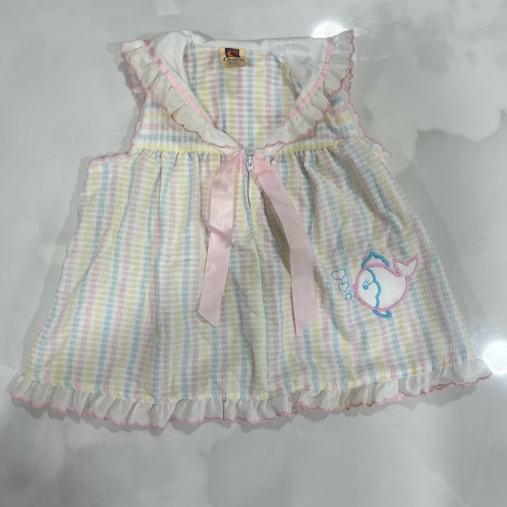 Vintage Carter’s Pastel Striped Baby Dress with Pink Bow